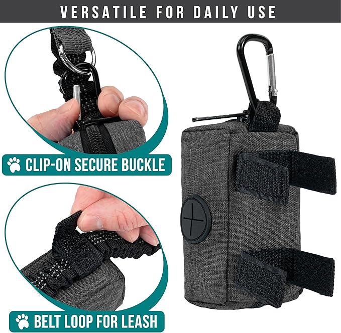 PetAmi Dog Poop Bag Holder & Waste Bag Dispenser with Clip-On Pouch Includes 1 Roll of Pet Waste Bags Portable Dog Walking Accessories for Leash, Belt or Backpack, Gray