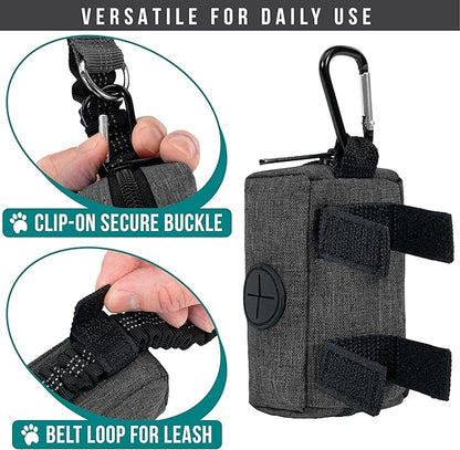 PetAmi Dog Poop Bag Holder & Waste Bag Dispenser with Clip-On Pouch Includes 1 Roll of Pet Waste Bags Portable Dog Walking Accessories for Leash, Belt or Backpack, Gray