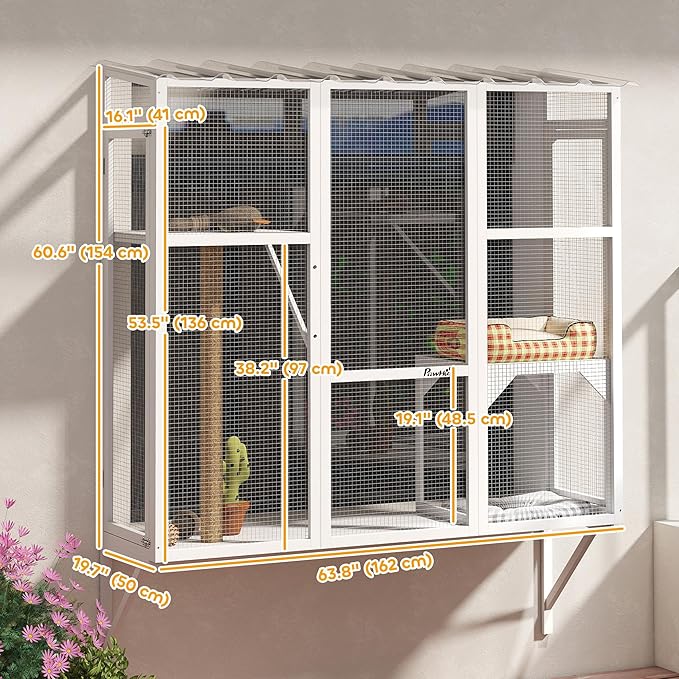 PawHut Outdoor Catio, Cat Window Catio Box Enclosure for 2-3 Large Indoor Cats with 2 Jumping Platforms, Scratching Post, for Playing, Sunbathing, Napping, Cat Window Perch for Enjoying Sights, White