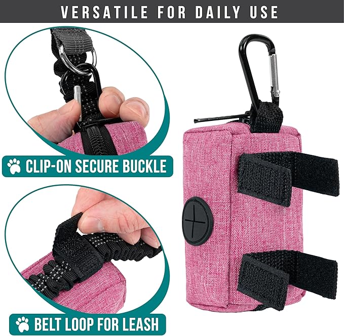 PetAmi Dog Poop Bag Holder & Waste Bag Dispenser with Clip-On Pouch Includes 1 Roll of Pet Waste Bags Portable Dog Walking Accessories for Leash, Belt or Backpack, Pink