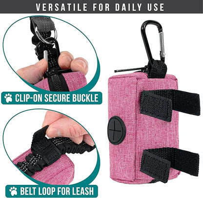 PetAmi Dog Poop Bag Holder & Waste Bag Dispenser with Clip-On Pouch Includes 1 Roll of Pet Waste Bags Portable Dog Walking Accessories for Leash, Belt or Backpack, Pink