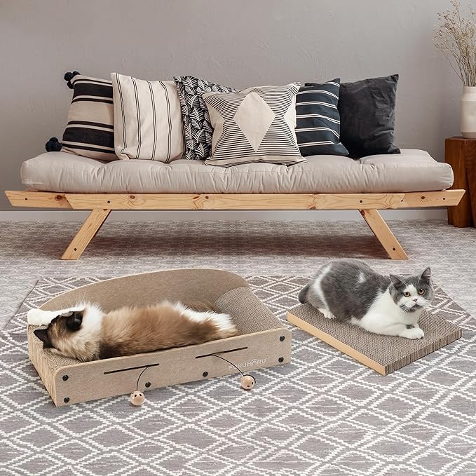 FUKUMARU 26 Inch Cat Scratcher Bed, 2 Reversible Cardboard Cat Scratch Pads Refill for Indoor Cats, Durable Large Cats Scratching Bed Sofa Couch Lounger with Fun Toys, Furniture Protector, Beige