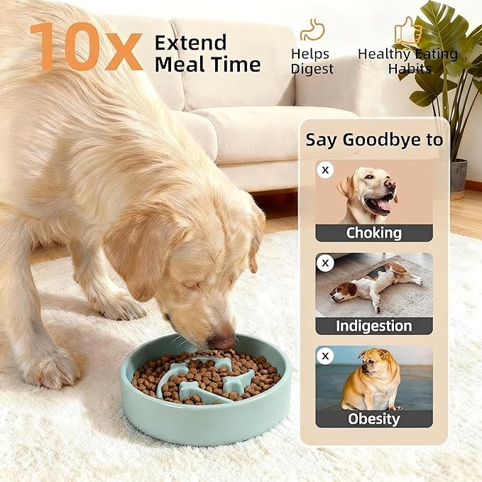 Ceramic Slow Feeder Dog Bowls Small Breed, 0.6 Cups Slow Eating Dog Bowl, Anti-Gulping Puppy Food Bowl Reduce Choking, Puzzle Maze Design Pet Dishes for Fast Eaters, 6.3 inch - Light Green