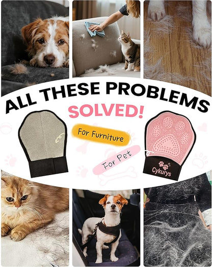 Pet Hair Removal Glove for Dogs & Cats, 2-in-1 Double-Sided Pet Grooming Tool, Electrostatic Pet Hair Remover Glove for Clothes & Furniture + Silicone Brush for Deshedding Pets,Pink
