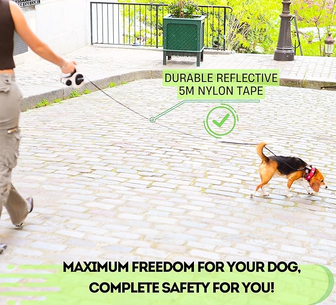 Snuggle Paws Retractable Dog Leash 16ft – Heavy Duty All-in-One Dog Leash with LED Flashlight, Poop Bag Holder, Chew Proof Steel Cable & Reflective Tape – Size L