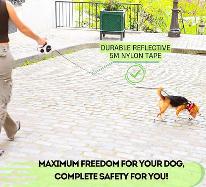 Snuggle Paws Retractable Dog Leash 16ft – Heavy Duty All-in-One Dog Leash with LED Flashlight, Poop Bag Holder, Chew Proof Steel Cable & Reflective Tape – Size S