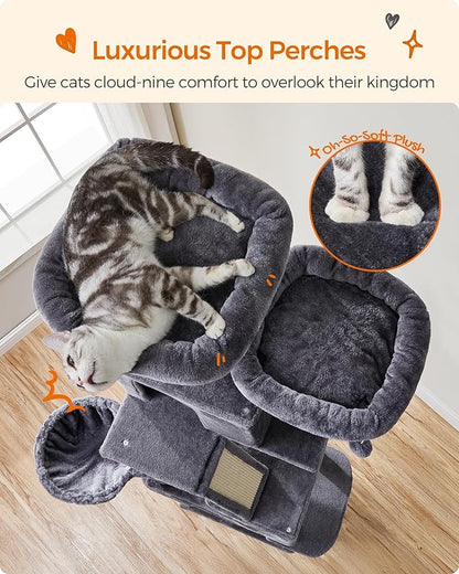Feandrea Cat Tree, 81.1-Inch Large Cat Tower, Multi-Level Plush Condo with 13 Scratching Posts, 2 Perches, 2 Caves, Basket, Hammock, Pompoms, Smoky Gray UPCT190G01