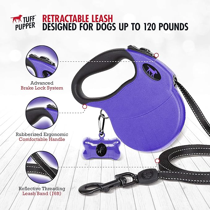 Tuff Pupper Heavy Duty Retractable Dog Leash | 16 ft Dog Leash with Reflective Stitching for Nighttime Safety | One Button Lock and Release | Comfortable Hand Grip | for Dogs Up to 120 lbs