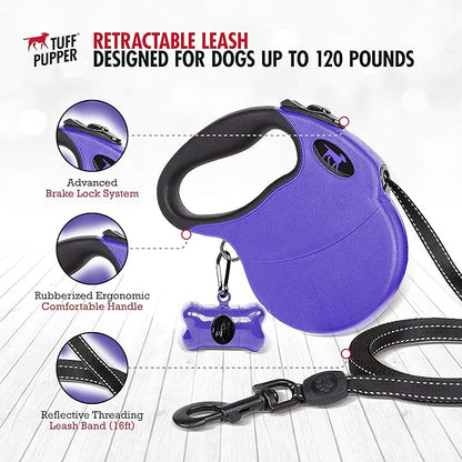 Tuff Pupper Heavy Duty Retractable Dog Leash | 16 ft Dog Leash with Reflective Stitching for Nighttime Safety | One Button Lock and Release | Comfortable Hand Grip | for Dogs Up to 120 lbs