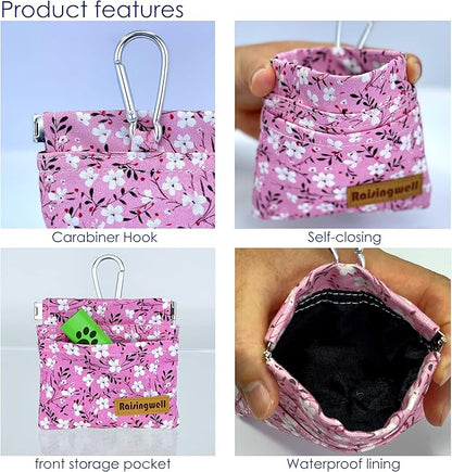 Raisingwell Dog Treat Pouch, Small Cotton Pocket Sized Training Holder, Hand Free Walking Fanny Bag with Carabiner, Self-Closing Pet Feed Snack Reward, Behavior Aids for Puppy Travel or Outdoor Use