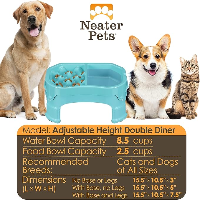 Neater Pet Brands – Neater Raised Slow Feeder Dog Bowl – Elevated and Adjustable Food Height - (Double Diner, Aquamarine)