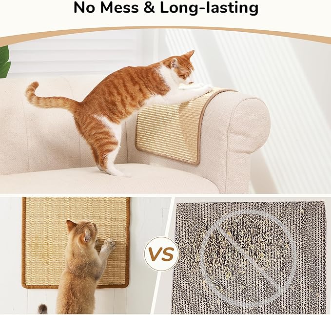 FUKUMARU 2 Packs Cat Scratching Mat, 19.6 x 11.8 Inch Natural Sisal Cat Scratch Pad Mats for Indoor Cats, Horizontal Cats Wall Scratcher Kitten Floor Rug with Sticky Tape, Furniture Protector