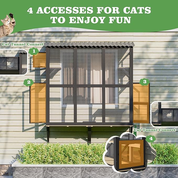 Catio Outdoor Cat Enclosure Window Perch, Expandable Cat Window Box for Multiple Indoor Cats w/4 Platforms & 4 Doors, Patio Kitten House for Sunbathing Overlooking Tunnel Connection (Black)