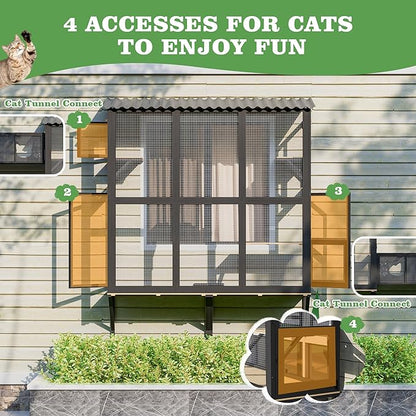 Catio Outdoor Cat Enclosure Window Perch, Expandable Cat Window Box for Multiple Indoor Cats w/4 Platforms & 4 Doors, Patio Kitten House for Sunbathing Overlooking Tunnel Connection (Black)