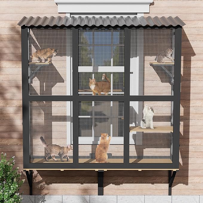 Large Catio Cat Window Box, Outdoor Cats Window Perch Enclosure for Indoor Cats with 4 Jump Platforms & 4 Doors, Kitten Cat Patio House Connected with Tunnels, All Weather Use (Black)