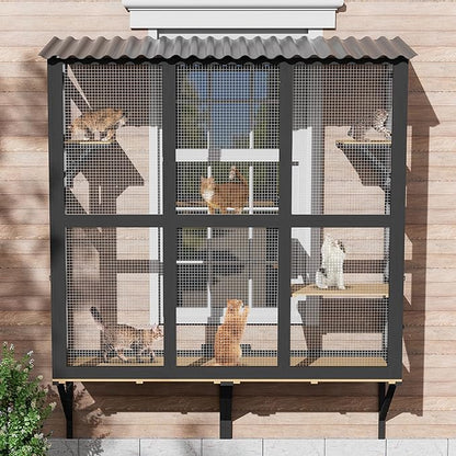 Large Catio Cat Window Box, Outdoor Cats Window Perch Enclosure for Indoor Cats with 4 Jump Platforms & 4 Doors, Kitten Cat Patio House Connected with Tunnels, All Weather Use (Black)