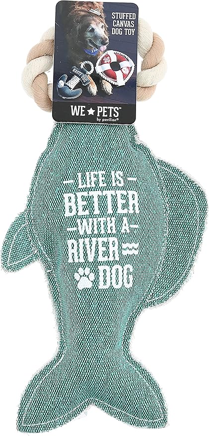 12" x 6" x 2" Teal Fish Shape Life is Better with A River Dog Tug of War Rope Handle Sturdy Dog Toy, Dogs for Medium- Large Breeds