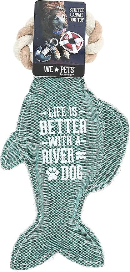 12" x 6" x 2" Teal Fish Shape Life is Better with A River Dog Tug of War Rope Handle Sturdy Dog Toy, Dogs for Medium- Large Breeds
