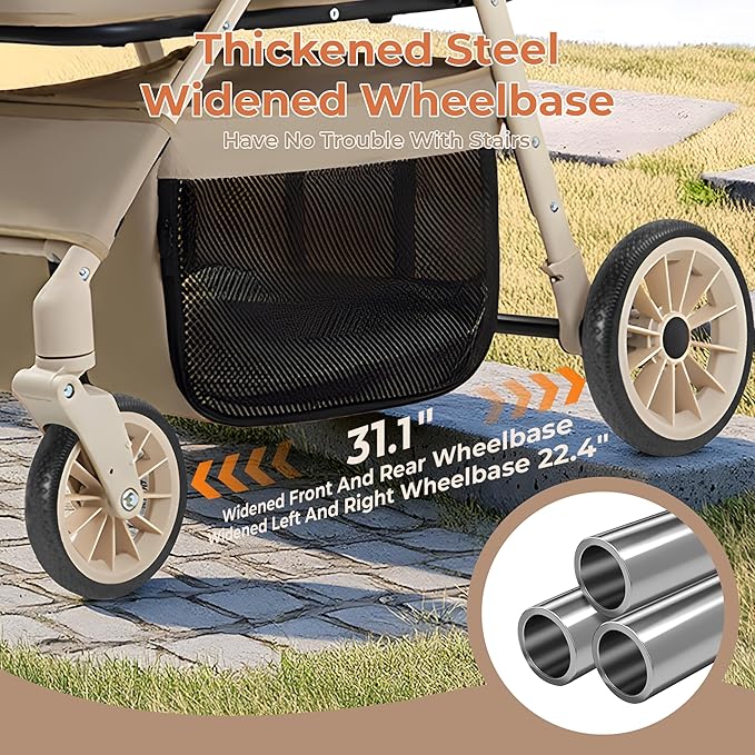 Dog Cat Stroller for Small/Medium Pets up to 55 Lbs, 3-in-1 Foldable Pet Stroller with Detachable Carrier, 4 Wheels, Adjustable Height, Single Foot Brake, Pet Strollers for Travel Outdoor (Khaki
