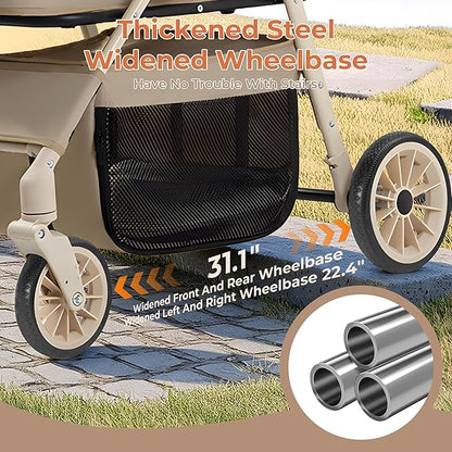 Dog Cat Stroller for Small/Medium Pets up to 55 Lbs, 3-in-1 Foldable Pet Stroller with Detachable Carrier, 4 Wheels, Adjustable Height, Single Foot Brake, Pet Strollers for Travel Outdoor (Khaki