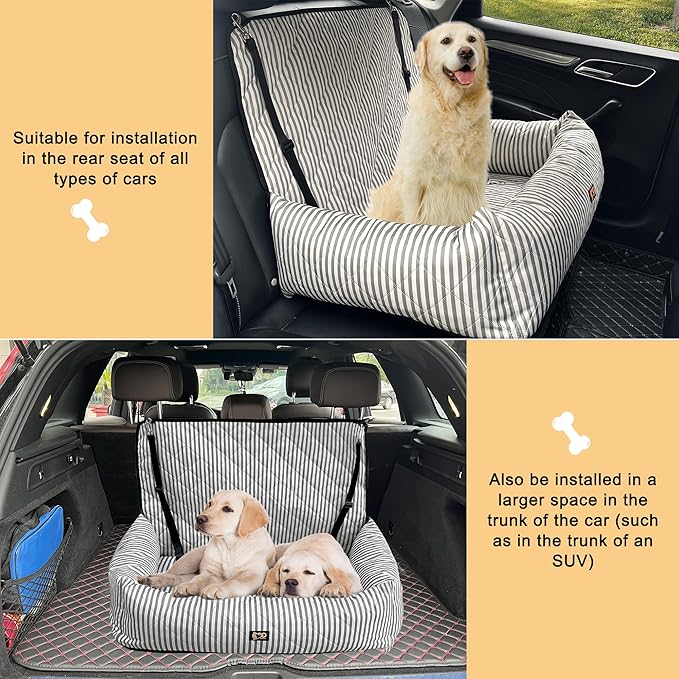 Dog Car Seat for Small/Medium Dogs, 2-in-1 Booster Seat & Pet Sofa Bed, Removable Washable Portable Car Travel Bed (Stripes-L-Grey)