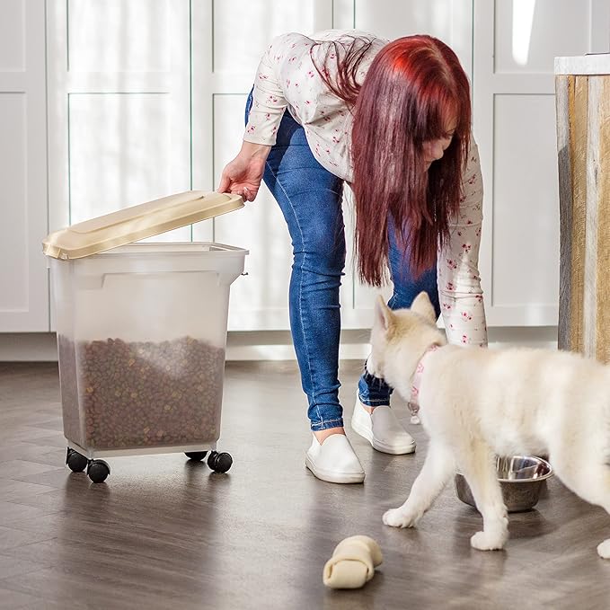 IRIS USA Airtight Dog Food Storage Container, WeatherPro, Up to 22 lbs, Removable Wheels, for Dog Cat Bird and Other Pet Food Storage Bin, Keep Fresh, Made in USA, Almond/Clear