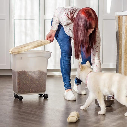 IRIS USA Airtight Dog Food Storage Container, WeatherPro, Up to 22 lbs, Removable Wheels, for Dog Cat Bird and Other Pet Food Storage Bin, Keep Fresh, Made in USA, Almond/Clear