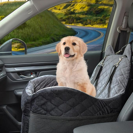 Dog Car Seat for Small Medium Sized Dog, Booster Car Seat with Elevated Memory Foam, Storage Pocket & Safety Belts, Detachable Washable Puppy Carrier Pet Travel Accessories