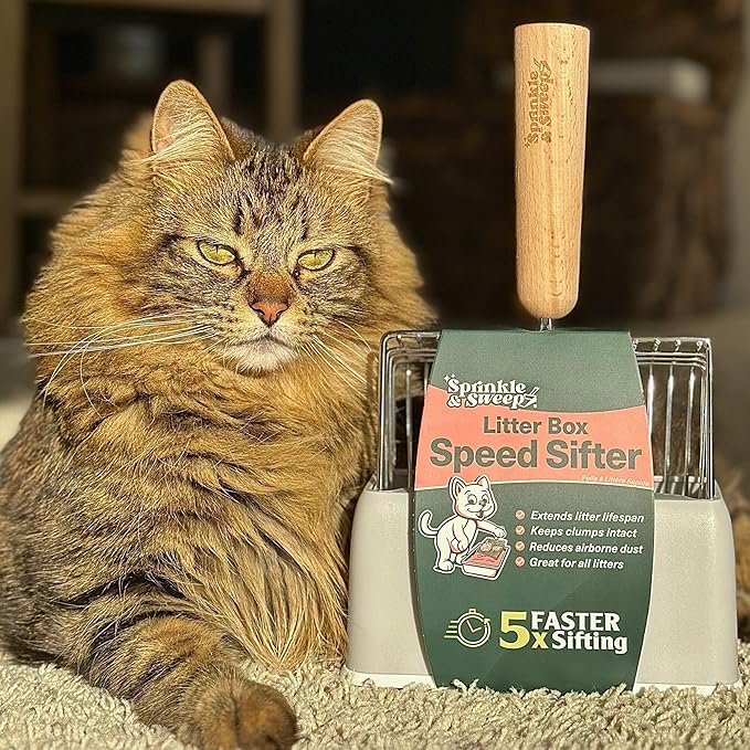 Sprinkle & Sweep: Litter Box Speed Shifter - 2 Pack - Metal Scoop, Comfortable Wood Grip, Washable Stand, Efficient Cleaning, Cat & Pet Maintenance