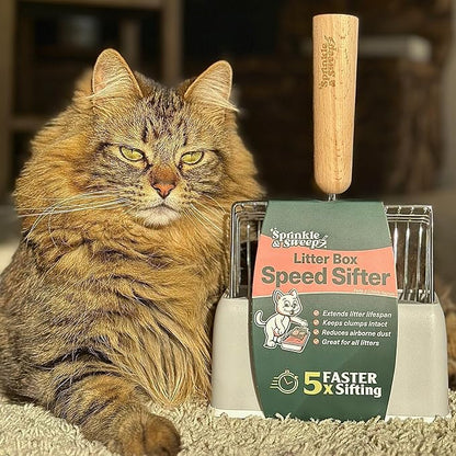 Sprinkle & Sweep: Litter Box Speed Shifter - 2 Pack - Metal Scoop, Comfortable Wood Grip, Washable Stand, Efficient Cleaning, Cat & Pet Maintenance