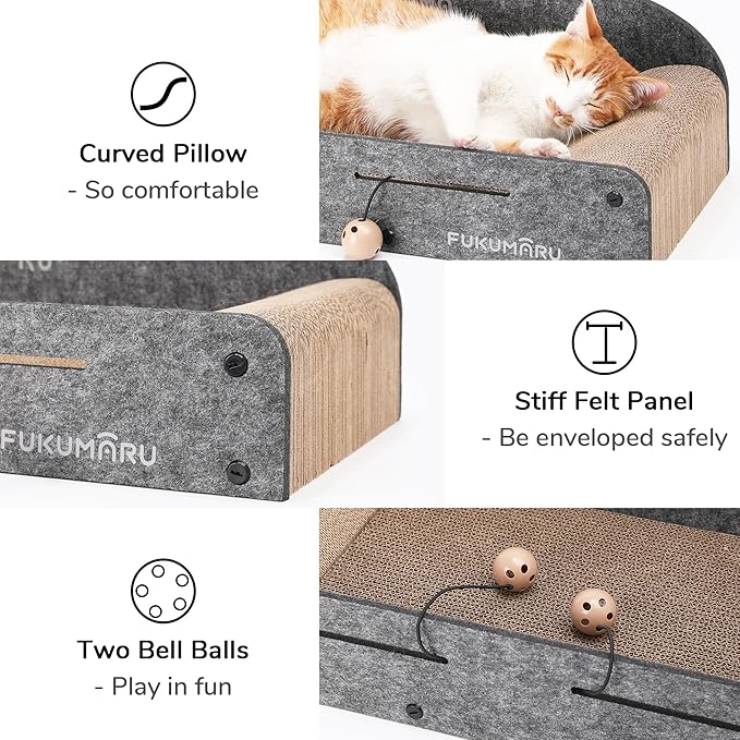 FUKUMARU 26 Inch Large Cat Scratcher Bed, 2 Reversible Cardboard Cat Scratch Pads Refill for Indoor Cats, Durable Cats Scratching Bed Sofa Couch Lounger with Fun Toys, Furniture Protector, Grey
