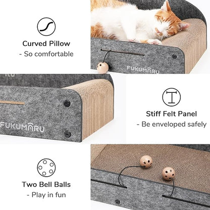FUKUMARU 26 Inch Large Cat Scratcher Bed, 2 Reversible Cardboard Cat Scratch Pads Refill for Indoor Cats, Durable Cats Scratching Bed Sofa Couch Lounger with Fun Toys, Furniture Protector, Grey