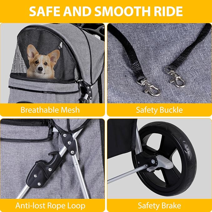 ZENY Foldable Pet Stroller, Cat/Dog Stroller with 4 Wheel, Pet Travel Carrier Strolling Cart with Storage Basket, Cup Holder (Grey)