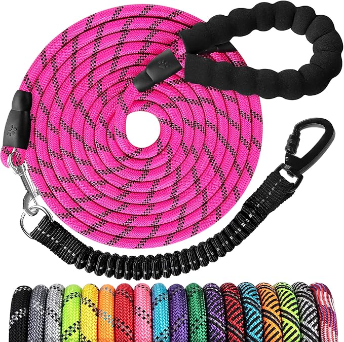 Long Dog Leash 50 FT: Heavy Duty Rope Leashes for Dogs Training with Swivel Lockable Hook Reflective Threads Bungee and Padded Handle - Dog Lead for Large Small Medium Dogs Outside Walking Hiking Pink
