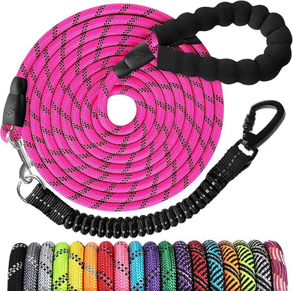 Long Dog Leash 50 FT: Heavy Duty Rope Leashes for Dogs Training with Swivel Lockable Hook Reflective Threads Bungee and Padded Handle - Dog Lead for Large Small Medium Dogs Outside Walking Hiking Pink