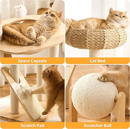 HITTITE Solid Wood Cat Tree Tower with Scratching Post, 36.6 Inches Tall Cat Towers with Scratching Board and Scratcher Ball, Modern Cat Tower With Space Capsule and Hand-Woven Basket for Indoor Cats.