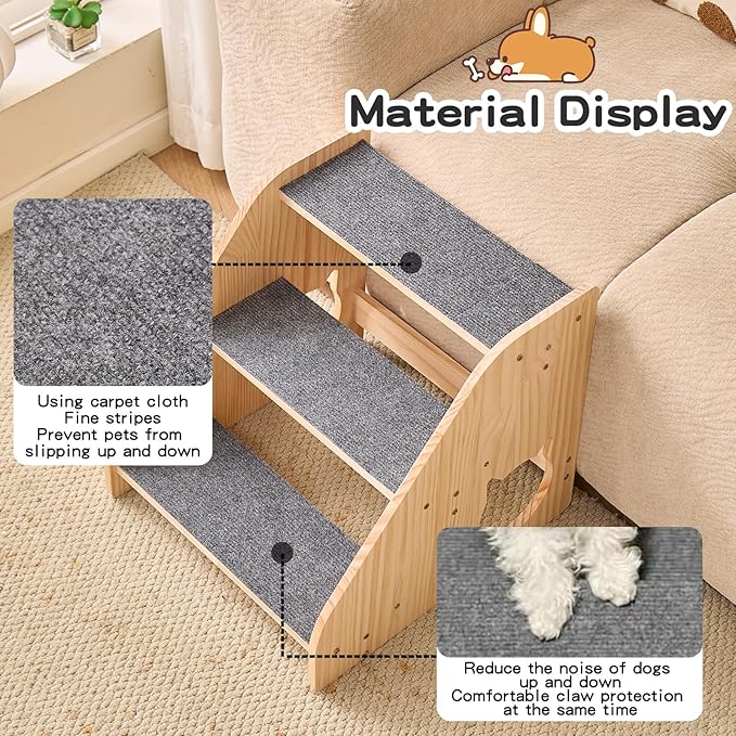 Dog Stairs for Small Medium Large Dogs 14.17" H Load Capacity 150lbs Solid Wood Non-Slip Sturdy Pet Steps for Bed & Couch 3 Step 15.75 * 16.93 * 14.17"