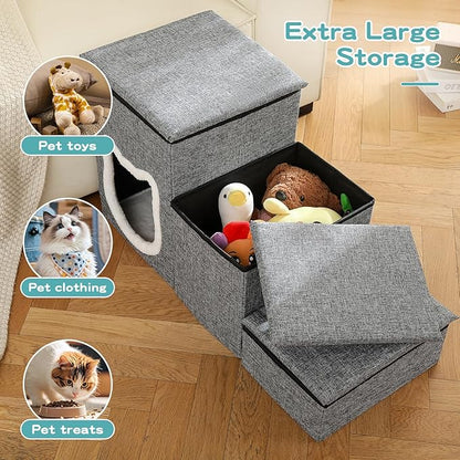 Dog Stairs for Small Dogs, 3-Step Non-Slip Pet Stairs for Cats, Small Dog Steps with Storage and Condo, Indoor Cat Steps for Older Cats, Arthritis-Friendly, Grey