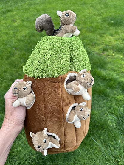 Glow Pups Hide and Seek Dog Toy Squirrel in Tree Trunk, Plush Interactive Burrow Dog Toy with Squeaker, Promotes Mental Stimulation, Easy to Clean, Woodland Style, Large (Brown)