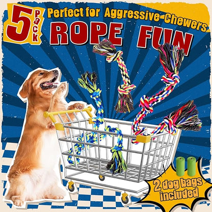 Tough & Strong Dog Toy for Aggressive Chewers – Tough Chew Toys for Large Dogs, Ideal for Tug-of-War & Teeth Cleaning, with 3 Rope Toys & 2 Dog Bags