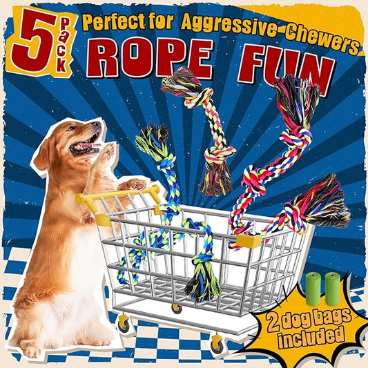 Tough & Strong Dog Toy for Aggressive Chewers – Tough Chew Toys for Large Dogs, Ideal for Tug-of-War & Teeth Cleaning, with 3 Rope Toys & 2 Dog Bags