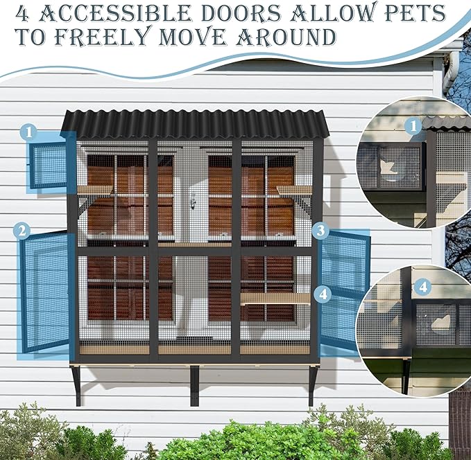 Large Catio Cat Window Box, Outdoor Cats Window Perch Enclosure for Indoor Cats with 4 Jump Platforms & 4 Doors, Kitten Cat Patio House Connected with Tunnels, All Weather Use (Black)
