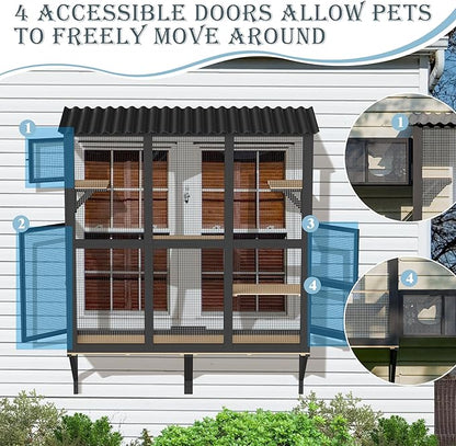 Large Catio Cat Window Box, Outdoor Cats Window Perch Enclosure for Indoor Cats with 4 Jump Platforms & 4 Doors, Kitten Cat Patio House Connected with Tunnels, All Weather Use (Black)