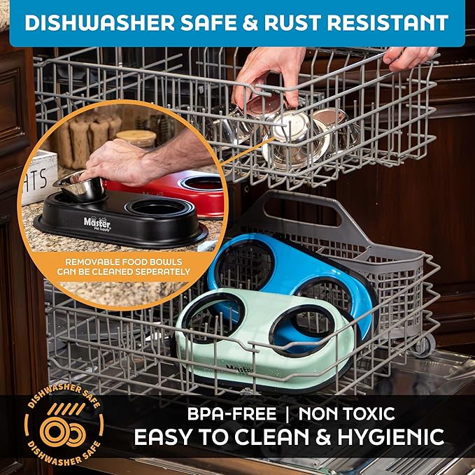 Master Pet Supply Double Dog Bowls Set with Elevated Base and 2 (8 oz) Stainless Steel Removable Dishes (Graphite) – Double Cat Food Water Bowl, Dog Puppy Food Bowl Set, Rust Resistant