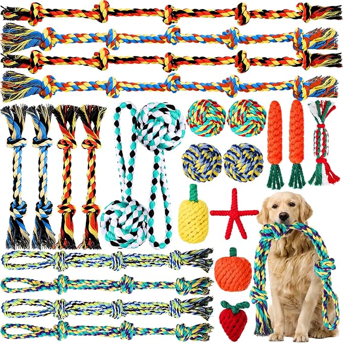 25 Pack Dog Rope Toys for Aggressive Chewers, Heavy Duty Teething Chew and Tug Toy Set for Medium and Large Dogs, Puppy Toys with Fun Fruit & Cartoon Shapes
