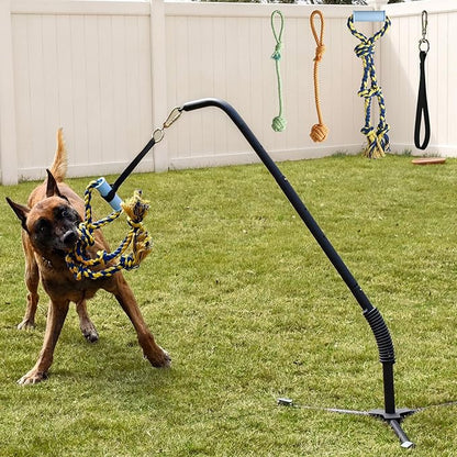 Adjustable Tug of War Dog Toy with 3 Tether Tug Toys, Outdoor Dog Spring Pole Rope Toy with Tripod Base & U-stakes, Hands-free Outdoor Dog Toys for Large Dogs, Interactive Dog Tetherball for Yard