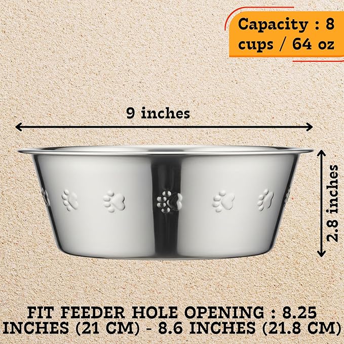 Stainless Steel Dog Bowls Set, 2 Pack for Replacement Dogs Bowl Stand, 8 Cups, 9 Inch Outer Diameter ~ Water Bowl for Raised Feeder with Opening 8.25" - 8.6" (Embossed)