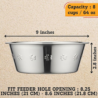 Stainless Steel Dog Bowls Set, 2 Pack for Replacement Dogs Bowl Stand, 8 Cups, 9 Inch Outer Diameter ~ Water Bowl for Raised Feeder with Opening 8.25" - 8.6" (Embossed)