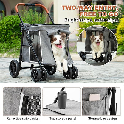 Medium Dog Stroller, Dual Entry One-Touch Folding,Small and Medium Pet Stroller,360° Rotating Front Wheels,80 lbs Weight Capacity for Outdoor Travel and Elderly Dogs - Gray