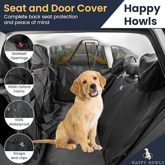 Happy Howls Dog Car Seat Cover - Waterproof Back Seat Cover for Dogs - Headrest & Door Panel Protector - 1100D Fabric with Mesh Window, Zippered Side Flaps, Non-Slip Bottom - 55x67, Universal Fit